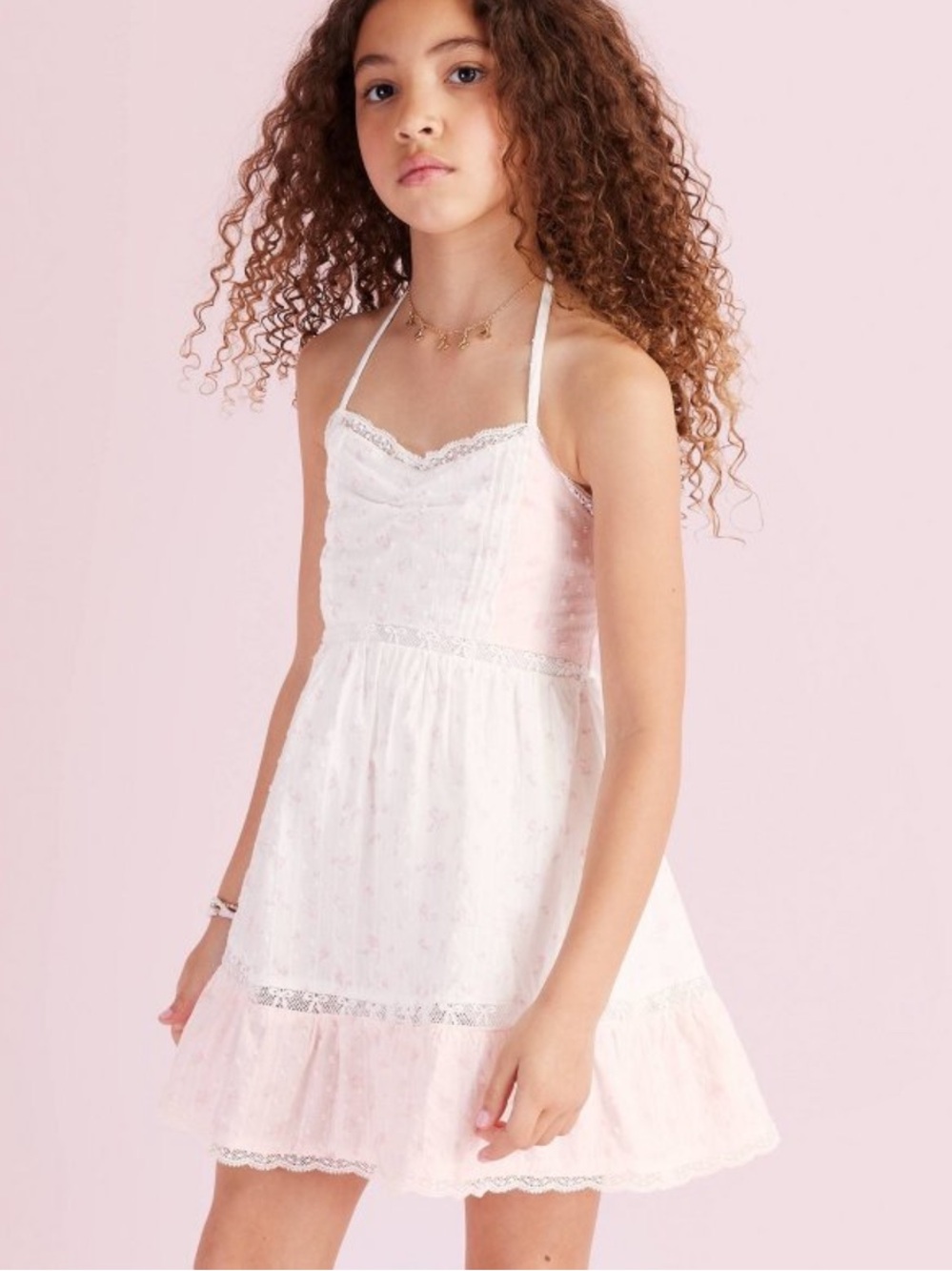 Girls White and Light Pink Lace-Trim Halter Sundress